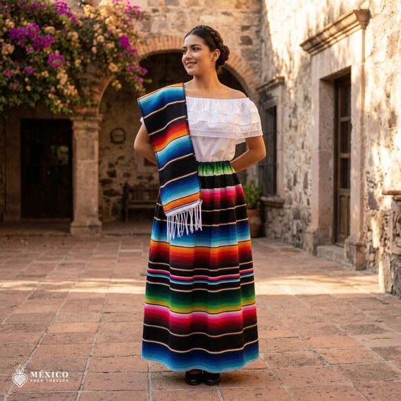 Traditional Mexican Sarape Dress Set, 3 Piece Outfit with Blouse, Skirt & Rebozo - Picture 7 of 9